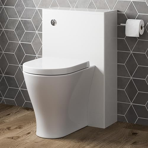 Baystone® Modern Bathroom Cloakroom Back to Wall BTW Toilet WC 500mm Furniture Unit D Shape Pan Soft Close Seat Dual Flush Cistern, White Gloss