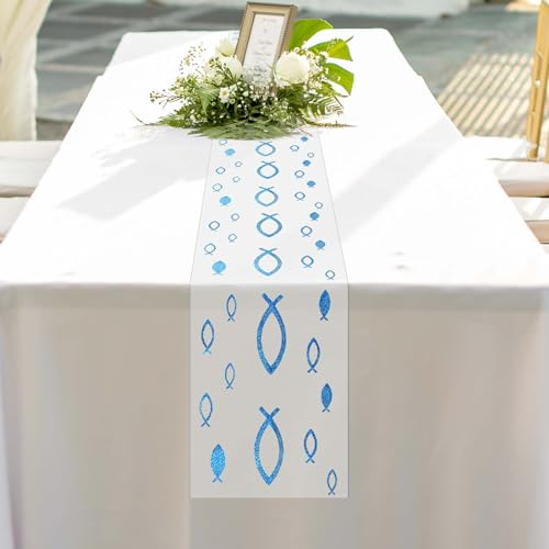 HONMOK 600x30cm Taufe Tischläufer Tischband Erstkommunion Deko Kommunion Fische Tischdecke Konfirmation Tischdeko aus Organza mit blauen Fischen für Jungen und Mädchen Babyparty Baby Shower