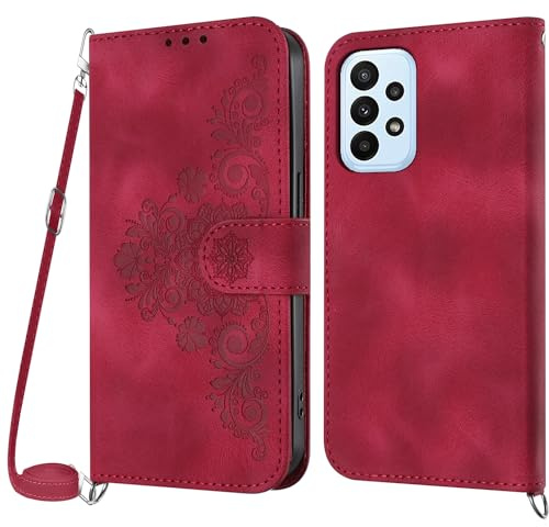 NETANY Handykette Hülle für Samsung Galaxy A72, Handyhülle für Samsung A72 Hülle mit Kette Klappbar, PU Leder Necklace Klapphülle und Umhängeband Lanyard Flip Stoßfest Schutzhülle mit Band (Rot)