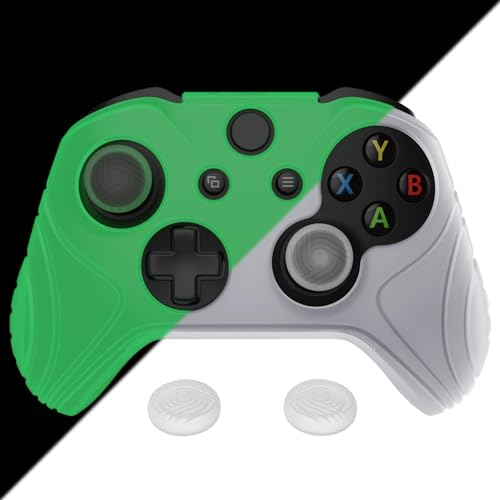 PlayVital Hülle für Xbox One X/S Controller,Case Anti-Rutsche Schutzhülle mit ergonomische Griffe Skin & Stick Kappen-Samurai Edition,Im Dunkeln leuchten - Grün