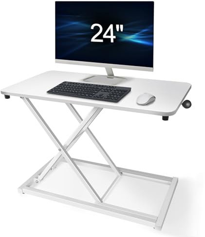 Aconcept Extra-Slim 24 x 14 White Lift Standing Desk Converter, Manual Keyboard Mouse Stand or Adjustable Height Sit Stand up Desk Riser, Compact for Monitor or Laptop Workstation