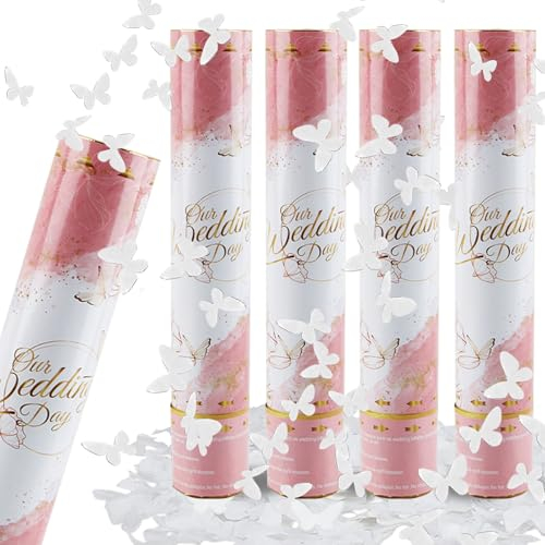 FePen Konfettikanone*4, Konfettikanone Hochzeit, Konfettikanone Biologisch Abbaubar, Party Popper, Konfettikanone xxl für Innen und Draußen (Weißer Schmetterling)