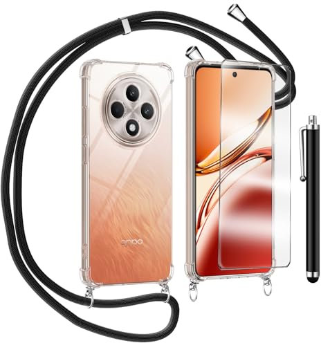 Cover per OPPO Reno 12 F/Reno 12 FS 5G e Vetro Temperato Custodia con Cordino Silicone Trasparente Morbida Cover Cellulare Girocollo Collana Necklace Protettiva Bumper Antiurto TPU Case, Nero