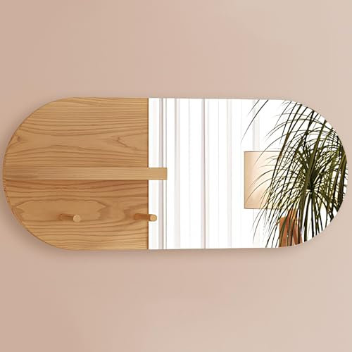 Wood Framed Wall-Mounted Mirror Vanity Mirror With Shelf & Coat Hook For Bathroom Entryway Living Room(Wood)