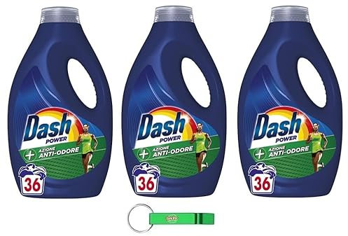 3 x Dash Power Detersivo Liquido Lavatrice Anti-Odore Detersivo Liquido Detersivo per Lavatrice 36 lavaggi 1800 ML Antiodore + Portachiavi Beni Culinari