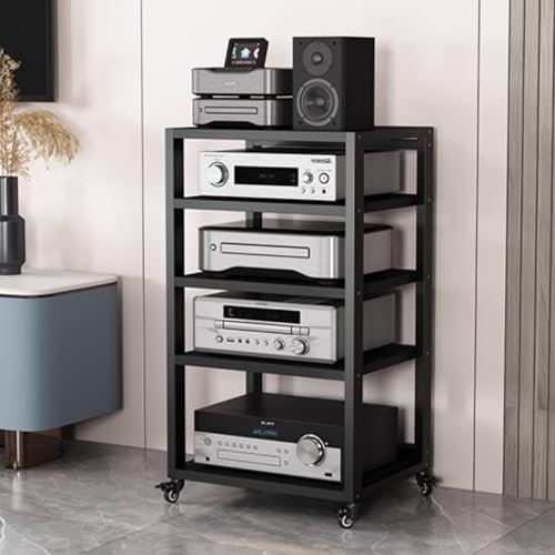 YQMHEZ Media Storage Cabinet, Audio Video Media Stand Cabinet with 4 Shelves with Pulley, Industrial Corner Ladder Shelves, for Gaming Consoles/Apple TV/ps4(Black)