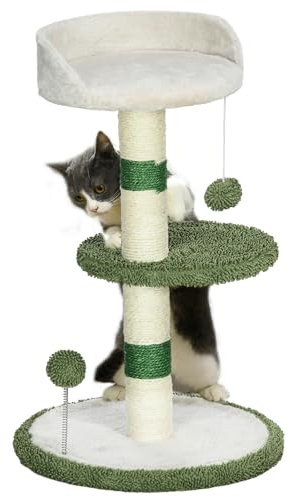 PawHut Kratzbaum Klein Kletterbaum, 64 cm Sisal- Katzenkratzbaum, Runder Katzenbaum mit Liegefläche, Spielball, Katzenmöbel für Katzen bis zu 4 kg, Weiß, Grün