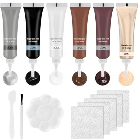 QEEROYO Leder Reparatur Set, Kunstleder Reparaturset, Lederreparatur Creme, 6×20ml Leder Kratzer Entferner, Reparatur Set für Autositze,Sofas, Lederjacke,Schuhe,Gürtel Kratzer,Löcher, 6 Farben