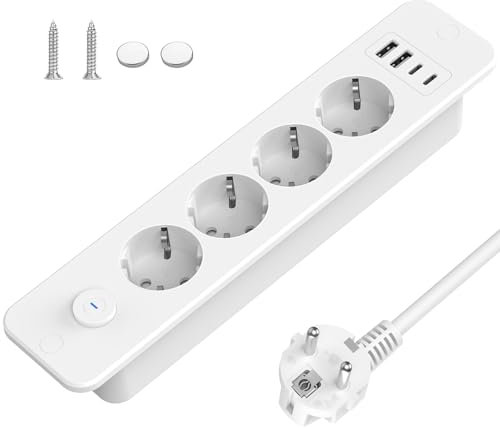 Doxuanai Versenkbare Steckdose 4 Fach, Einbau steckdosenleiste mit 4 USB, Mehrfachsteckdose Steckdosenleiste mit 2 USB C(5V,3.4A), Tischplatte Versenkte Steckdose-2M Kabel-Weiß