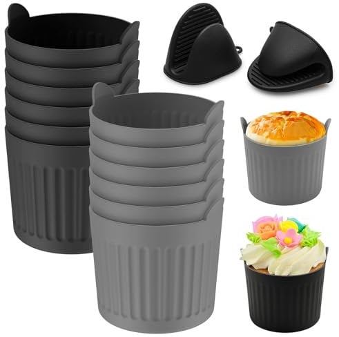 Heißluftfritteuse Auflaufförmchen, 12 Stück Wiederverwendbare Muffinform Backformen, BPA-frei Muffinform Silikon mit 1 Ofenhandschuhen, Silikon Muffinförmchen für Kuchen und Pudding(Grau &Schwarz)