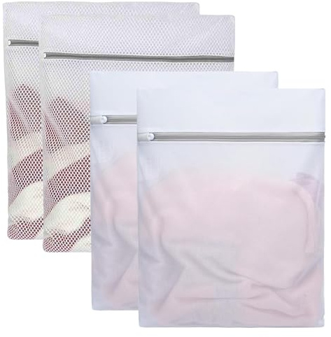XHYASD 4 Stück Wäschebeutel 50 x 60 cm Grob und Feinmaschig | Polyester, weiß, 2 grob- und 2 feinmaschig, Reißverschluss, für Waschmaschine