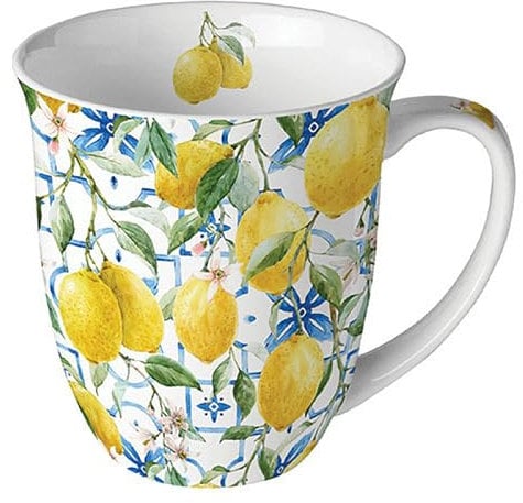 Ambiente Tasse 10cm Porzellan mit Zitronen Motiv - 0,4L Keramiktasse Porzellangeschirr - Kaffeetasse Teetasse Kakaotasse - Sommergeschirr Tassen & Becher - Porzellantasse mediterran Gelb Weiß