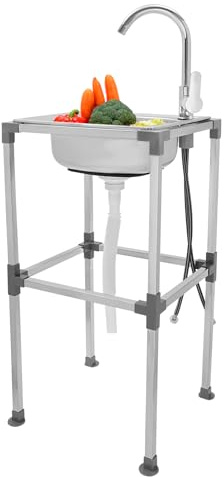 Freistehende Edelstahl Spültisch, Utility Mobile Spüle mit Wasserhahn, 1 Becken Spühlbecken mit Arbeitsplatte und untere Ablage für Außen, Innen, Küche, Restaurant, 38x33x75cm