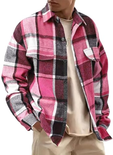WINKEEY Camisas Hombre Manga Larga Cuello Mao Camisa Cuadros Hombres Cepillado Cómodas Suaves Moda Camisas Hombre