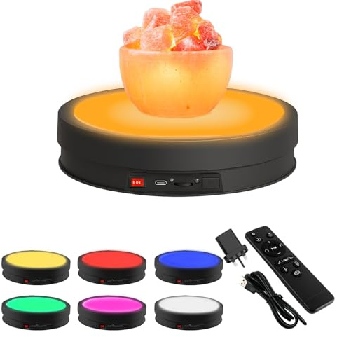 luolety Electric Motorized Rotating Turntable, 360° Display Stand with LED 6 Colors, Remote Control Photography Turntable Adjustable Direction, Speed for Product Display Video, 20KG Load (Black,22CM)
