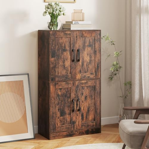 GIANTEX Küchenschrank 110 cm Hoch, Mehrzweckschrank Aufbewahrungsschrank Küche, Buffetschrank mit verstellbaren Regalen & Türen, Vorratsschrank Holz Stehend, Esszimmerschrank Sideboard Küche, Braun