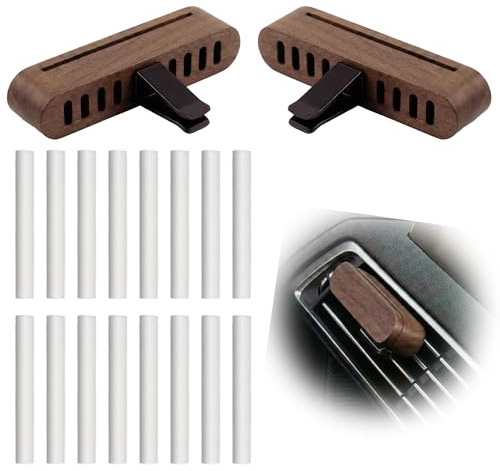 2 Stück Auto Diffusor Holz, mit 16 Ersatzfüllungen,9 x 2 cm | Praktisches Magnetdesign,Einfache Montage,Walnussholz Gefertigt, Langlebig, Reinigt die Luft im Fahrzeuginnenraum