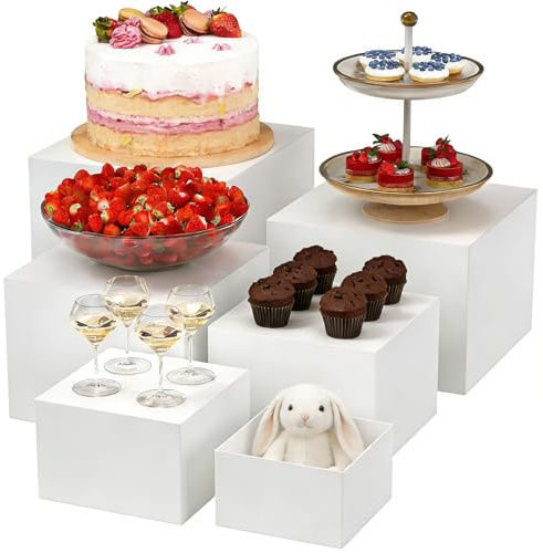 FUSHITON 6 Pezzi Alzata per Dessert in Plastica Bianca, Supporti di Presentazione per Buffet - Cubi Espositivi a 5 Facce Impilabili per Pasticceria, Decorazione, Negozio (6 Dimensioni Diverse)