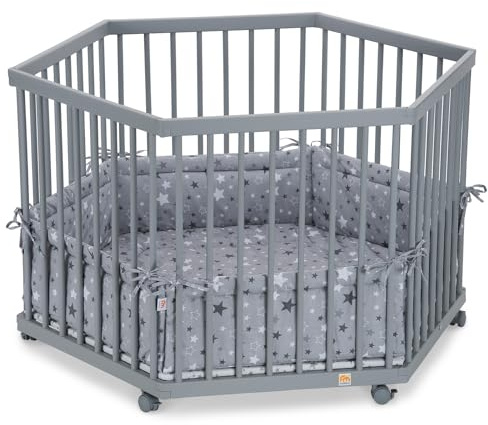 FabiMax Baby Laufgitter 6-eck Grau lackiert, stufenlos höhenverstellbar, mit Schlupfsprossen, Laufstall aus massivem Buchenholz (Sterne Mix)