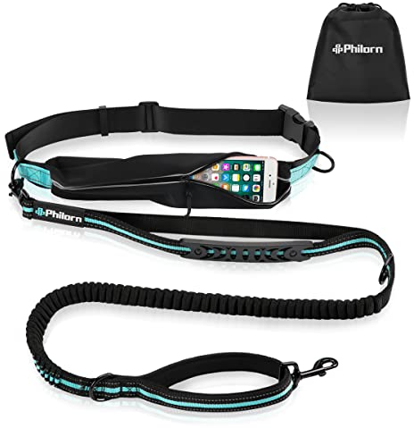 Philorn Laisse Chien, Laisse Mains Libres Chien (47 - 67) avec Coutures Réfléchissantes, Pochette de Taille Ajustable et Doubles Bungees de Poignée pour la Course Vélo Marche, 150lbs Gros Chien