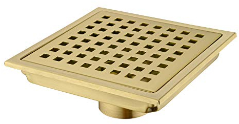 Orhemus Square Shower Floor Drain with Removable Cover Grid Grate 6 inch Long, SUS 304 Stainless Steel Brushed Gold Brass Finished