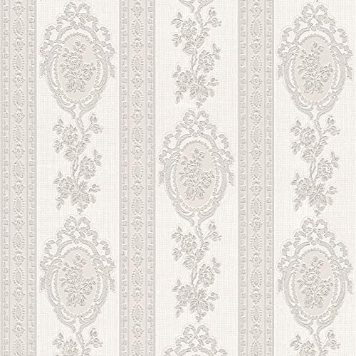 Edle Tapete weiß silber mit Glitzer | Elegante Barock Tapete mit Ornament aus Vinyl | Vintage Papiertapete mit Glitzereffekt ideal für Schlafzimmer