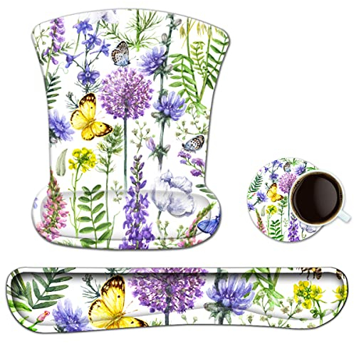 Tapis de souris ergonomique en gel avec repose-poignet pour ordinateur portable, bureau, mousse à mémoire de forme pour taper facilement et soulager la douleur, motif floral violet et papillon jaune