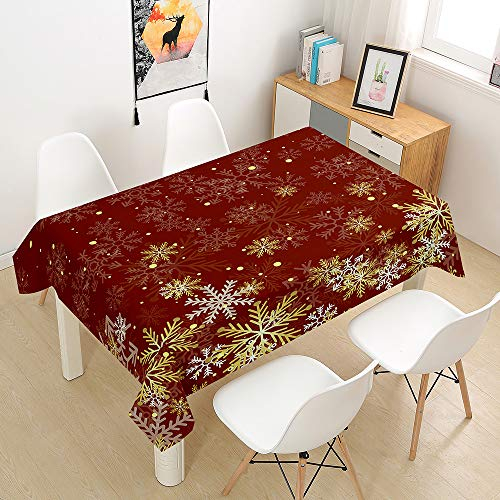 Ouduo Rote Weihnachten Tischdecke Wasserdicht Fleckschutz Ölfest Polyester Rechteckig, Pflegeleicht Abwaschbar Outdoor Garten Deko Mehrzweck Farbe & Größe Wählbar (Goldene Schneeflocke,140x220cm)