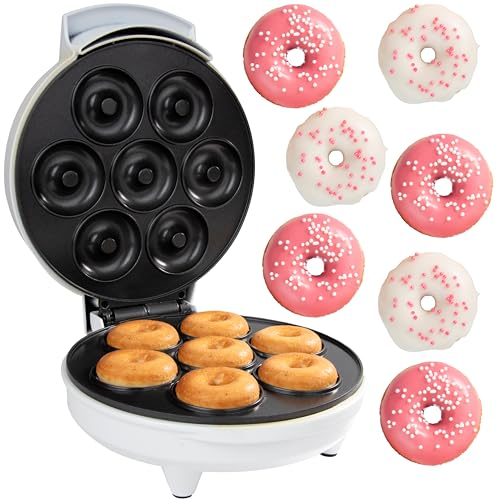 Mini Donut Maker- Electric Non-Stick Surface Makes 7 Small Doughnuts, Decorate, Frost or Ice Your Own for Kid Friendly Treat- Unique Xmas Baking Activity for Adults, Fun Christmas Holiday Dessert Gift