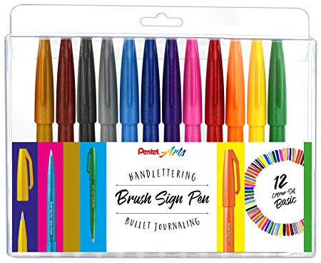 Pentel SES15-12 Brush Sign Pen, Basic-Sortierung, Faserschreiber, pinselähnliche Spitze, 12 Stück, farblich sortiert