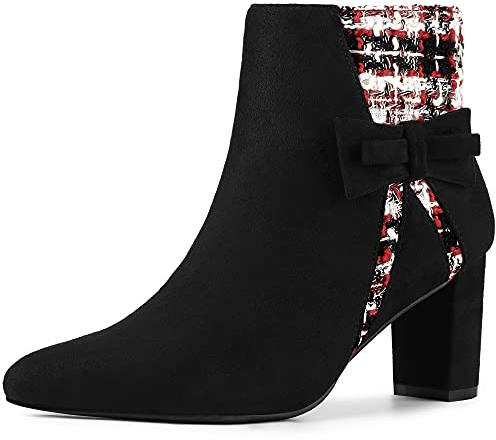 Allegra K Damen Tweed Plaid Heels Stiefel Schleife Block Heels Stiefeletten, Schwarz, 38 EU