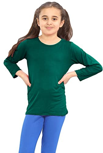 janisramone® Kids T Shirts - Casual Boys Long Sleeve T Shirt - Round Neck Girls School Shirts, Stretchy Comfortable Boys Girls Long Sleeve Top Bottle Green