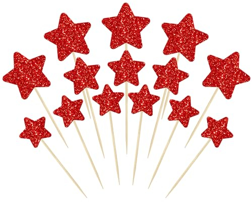 Gyufise 42Pcs Red Glitter Star Cupcake Toppers Mixed Size Twinkle Little Star Cupcake Picks Decorations for Wedding Anniversary Baby Shower Birthday Party Supplies
