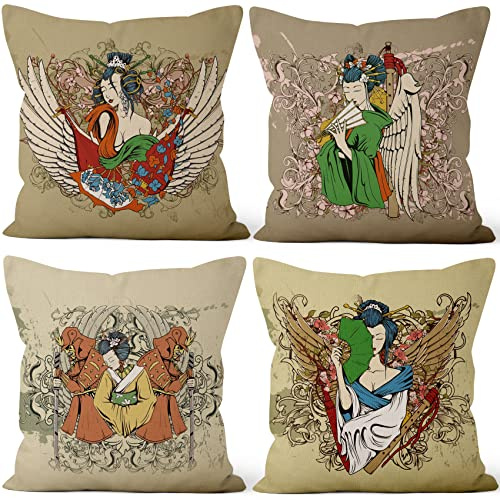 Aoihrraan 51x51cm 4er Set Dekorativ Kissenbezug Japanischer Stil Kyōto Geisha-Mädchen Blumen Textur Quadratische Dekokissen Aus Leinen Japan Taverne Zuhause Dekor Kissenhülle Für Sofa Couch Tatami