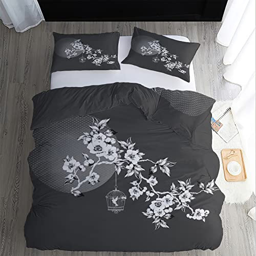 Japanische Bettwäsche 155x220, Blumen Vogel Asiatische Motive Microfaser Bettbezug Set 2 Teilig - Weich & Angenehm & Atmungsaktiv, 1 Bettbezüge mit Reißverschluss + 1 Kissenbezug 80x80 cm