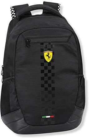 Ferrari - Zaino Organizzato Scuola e Tempo Libero, Spallacci Regolabili e Retro Imbottiti, Vano Principale e Frontale con Zip, Con Tasche Laterali - Nero, cm 28x40hx15