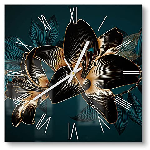DEQORI Glasuhr | 30x30 cm | Motiv Hochwertige Liliengrafik | ausgefallene leise Design Uhr aus Glas | Wanduhr für Wohnzimmer & Küche | Moderne Hingucker Uhr für die Wand