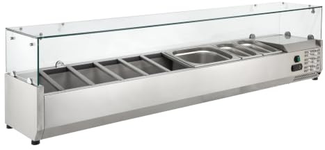 GastroHero Kühlaufsatz 5 x GN 1/4 mit Glasaufsatz, Edelstahl VRXH1200/330 | Kühlaufsatzvitrine 120 x 33 x 42 cm, digitales Thermostat, mit statischer Kühlung 2 bis +8 °C