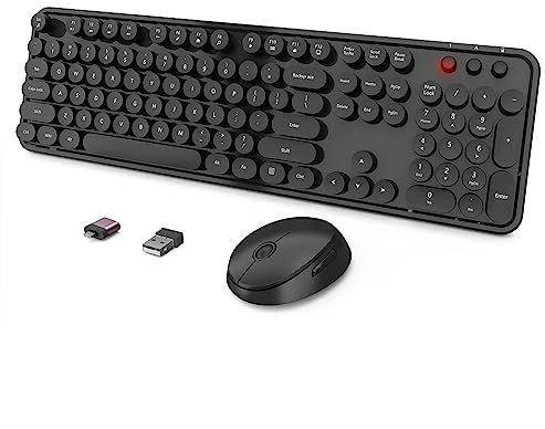 Combo de teclado y mouse inalámbricos, teclado ergonómico de tamaño completo, teclado redondo retro, compatible con Windows, PC, perfecto para teclados del hogar y la oficina (negro