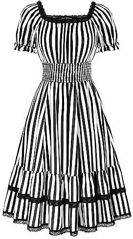 SCARLET DARKNESS Women Gothic Dress Square Neck Vertical Stripes Puff Sleeve Smocked Medieval Steampunk Vintage Tiered Dresses Black White M