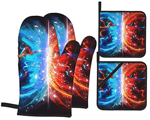 Guanti da forno stampati con palline di ghiaccio e fuoco, guanti da forno resistenti al calore e presine, grigliate, cucine, cottura al forno (set da 4 pezzi)