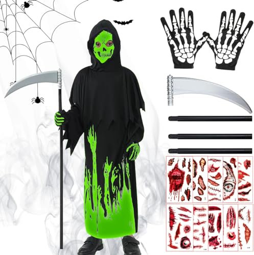 LGZIN Halloween Sensenmann Kostüm, Sensenmann Umhang mit Kapuze, Leuchtenden Grim Reaper Verkleidung Set mit Sense, Skelett Maske Handschuhe, Gewand Des Sensenmanns für Halloween, Karneval