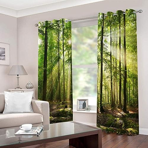 Gardine Vorhang Vorhange Blickdicht Mit Ösen Grüner Wald Für Kinderzimmer 240cm lang 270cm Breite Verdunkelung 3D Curtain Effekt Motiv Druck Wohnzimmer Schlafzimmer