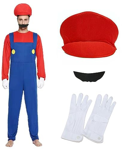 Mario Kostüm für Erwachsene, Mario Fancy Dress Kostüm mit Bodysuit, Mario Mütze, Bart und Handschuhe, Mario Luigi Bros Fancy Dress Männer Karneval Halloween Cosplay Kostüm (Red, XL)