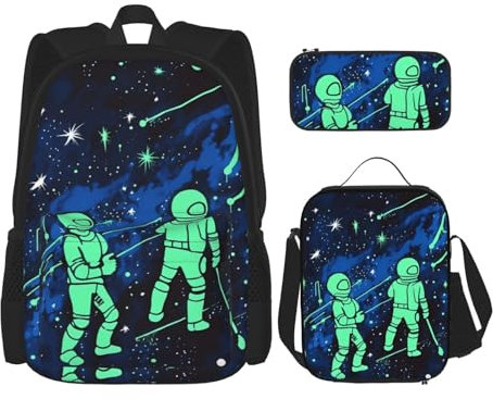 OUSIKA Glow in The Dark 3 Pcs Print Backpack Sets Casual Daypack with Lunch Box Pencil Case for Women Men