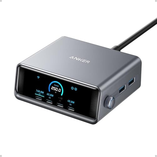 Anker Prime Charging Station, 250W 6-Port GaN USB C Charger, 2.26 LCD Smart Display Control, Compatible with iPhone, Galaxy, MacBook, Dell for Home Office, Gaming Desk Accessories