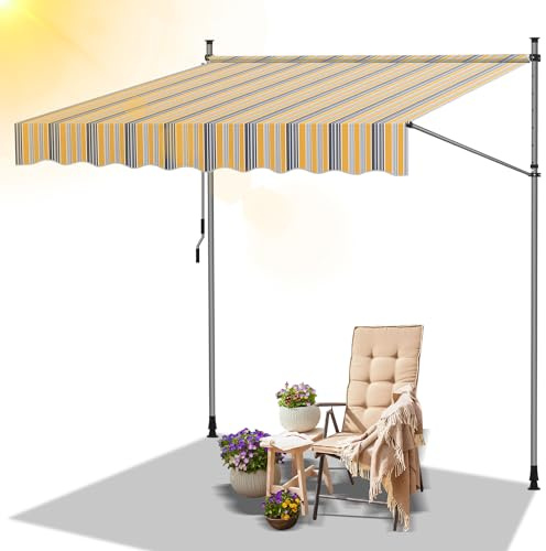 Daromigo Tenda da sole da balcone, larghezza 250 cm, senza fori, con manovella, regolabile in altezza, resistente ai raggi UV, impermeabile e protezione solare, facile da montare, giallo e blu