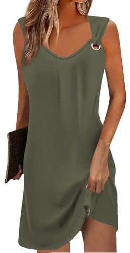 Vestidos Mujer Verano Cuello en V Sin Mangas Vestido de Playa Elegante Moda Vestidos Color Sólido Casual Suelto Camisolas