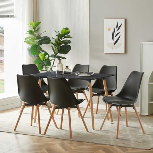 FURNITABLE Esszimmergruppe mit 6 Stühlen, Rechteckig Küchentisch-Set Essgruppe für Küche Esszimmer und Wohnzimmer (Schwarz Tisch+6 Schwarz Esszimmerstühle)