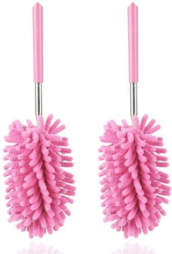 Microfiber Duster for Cleaning, Dusters with Telescoping Extension Pole, Extendable Washable Mini Dusters for Cleaning Supplies Car, Window, Furniture, Office (Pink 2pack)